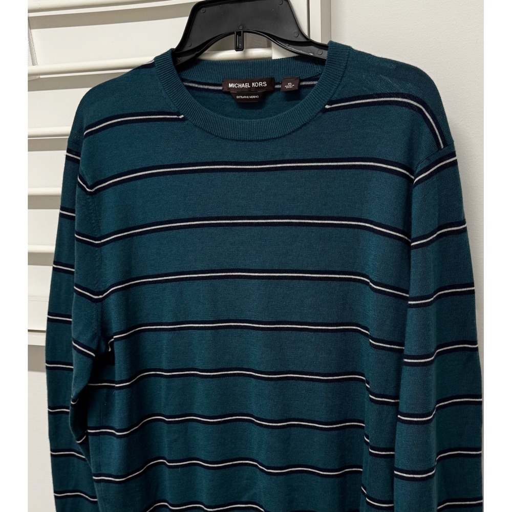 Michael Kors Mens Extra Fine Merino Wool Striped Crewneck Sweater Teal Large